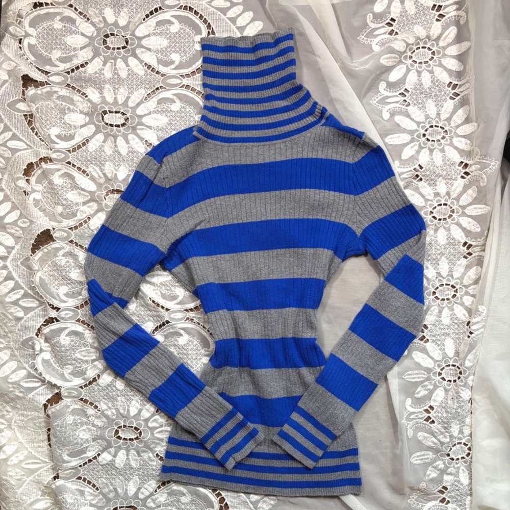 Y2K Striped Turtleneck Sweater Blue Grey Ribbed Knit M
